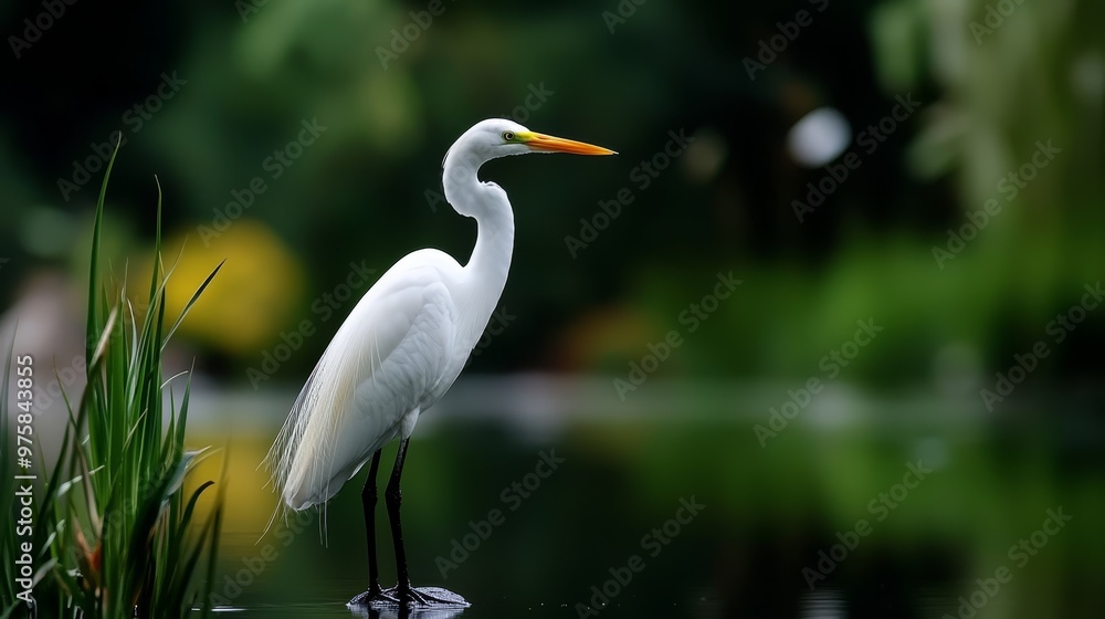 Fototapeta premium A white bird atop a tranquil body of water Behind it, a lush, forested landscape teeming with verdant grass and towering trees