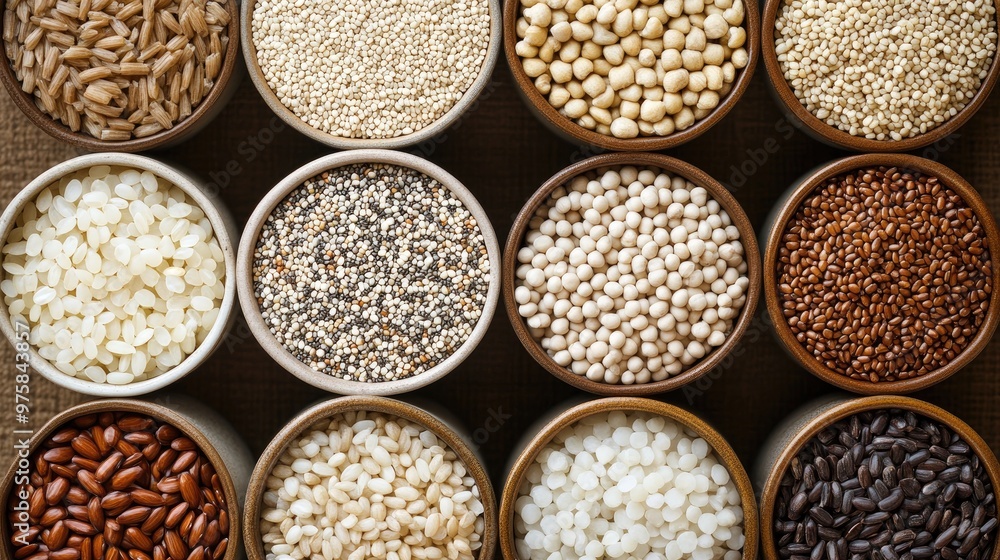 A variety of different colored rice and other grains are displayed in bowls A variety of different colored rice and other grains are displayed in bowls
