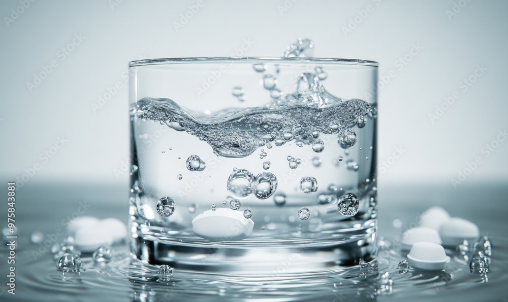 Dissolving pill in clear water, bubbles rising, close-up Dissolving pill in clear water, bubbles rising, close-up