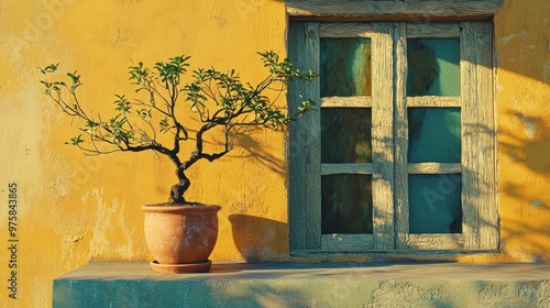  A potted plant sits on a window ledge in front of a yellow wall The window, with its pane, frames the scene