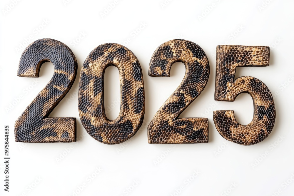 number 2025 on solid white background, made of snake skin texture with shadow. new year celebration number 2025 on solid white background, made of snake skin texture with shadow. new year celebration