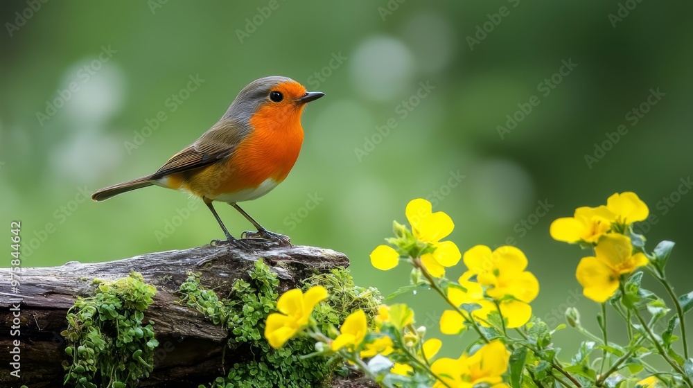 A small orange-and-gray bird sits on a log amidst a field of yellow flowers, green grass, and golden wildflowers A small orange-and-gray bird sits on a log amidst a field of yellow flowers, green grass, and golden wildflowers