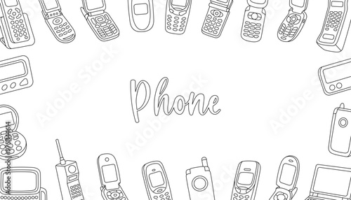 Mobile phones horizontal outline banner. Old phone from the 90s. Mobile with buttons, phone with keypad, flip mobile, pager, beeper, cell phone. photo