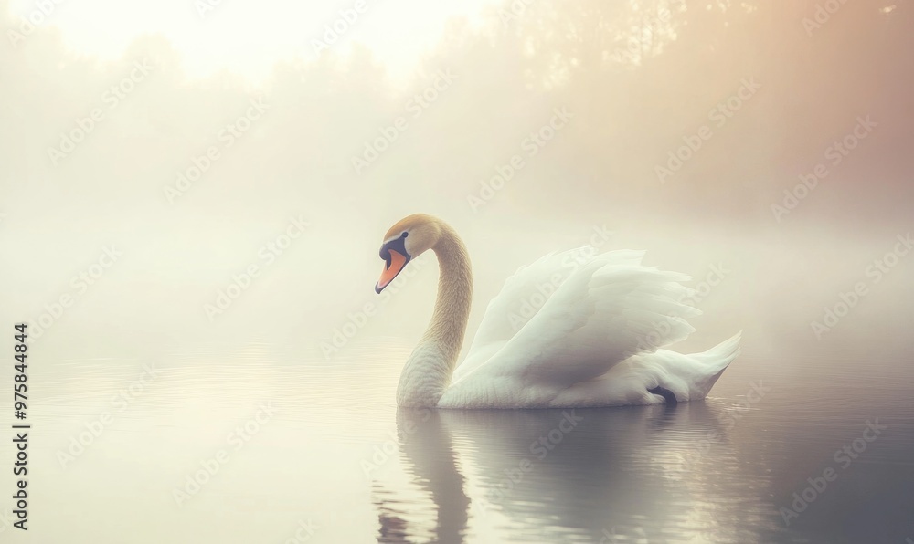Fototapeta premium Graceful white swan floating on a misty lake, soft morning light illuminating the scene