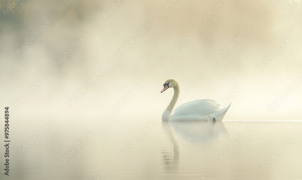 Graceful white swan floating on a misty lake, soft morning light illuminating the scene Graceful white swan floating on a misty lake, soft morning light illuminating the scene