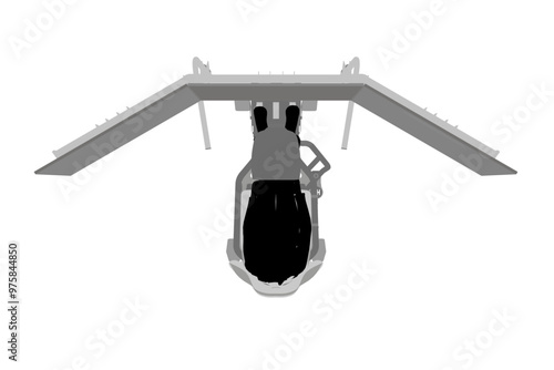 Silhouette of a girl sitting at a realistic gaming simulator with a steering wheel, pedals and three monitors isolated on a white background. Top view. Vector illustration.
