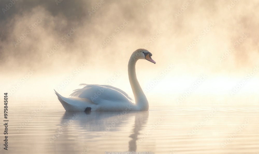 Fototapeta premium Graceful white swan floating on a misty lake, soft morning light illuminating the scene