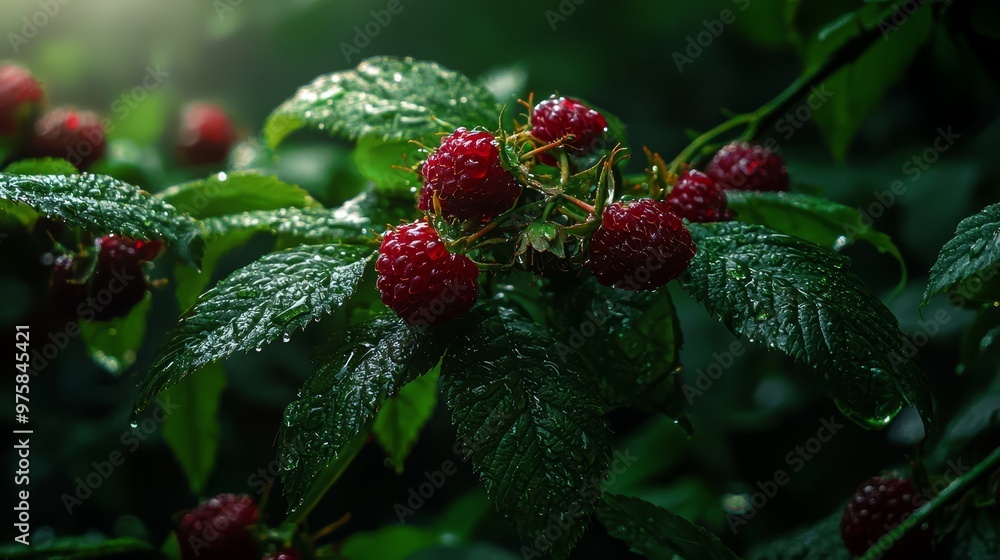 A tree branch laden with ripe raspberries, adorned with water-beaded leaves, and sporting dewdrops A tree branch laden with ripe raspberries, adorned with water-beaded leaves, and sporting dewdrops