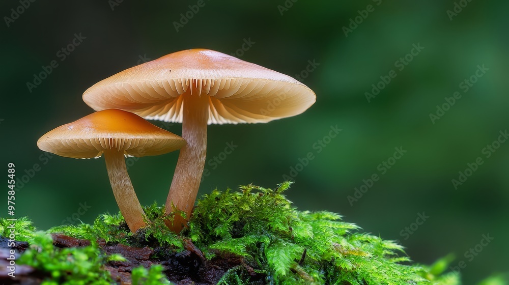 A few mushrooms rest atop a moss-covered forest, teeming with lichen and verdant leaves A few mushrooms rest atop a moss-covered forest, teeming with lichen and verdant leaves