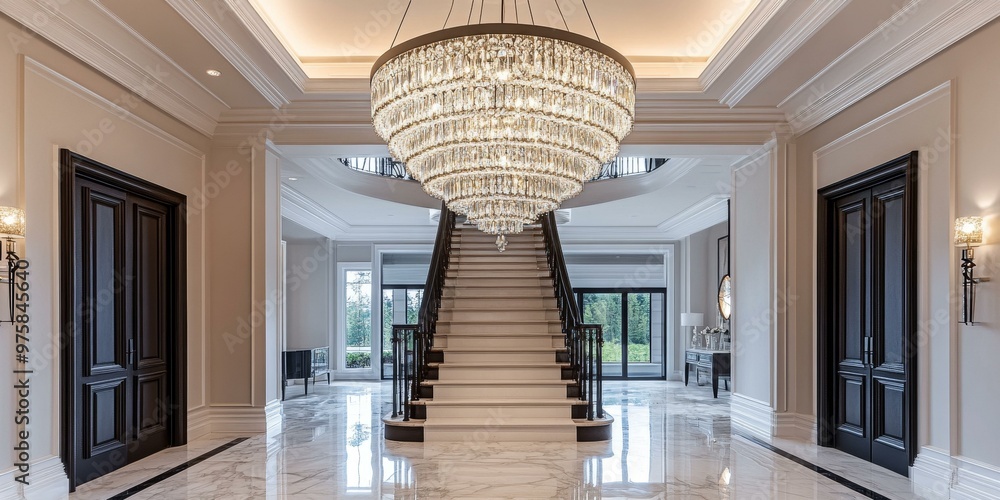 Obraz premium Elegant foyer with grand staircase and crystal chandelier.
