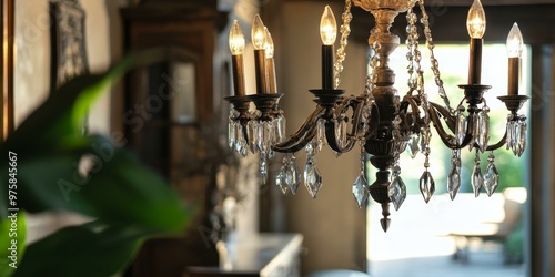 Ornate crystal chandelier with lit candles.