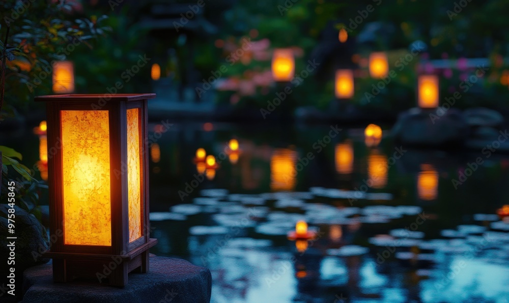 Lanterns glowing brightly on a still pond Lanterns glowing brightly on a still pond