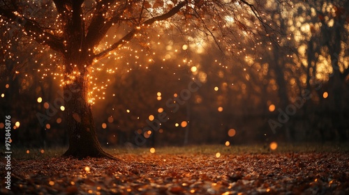 Leafless autumn tree adorned with glowing fairy lights