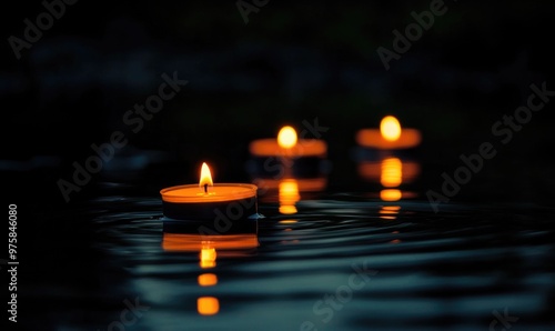 Multiple candles floating gently on a dark lake