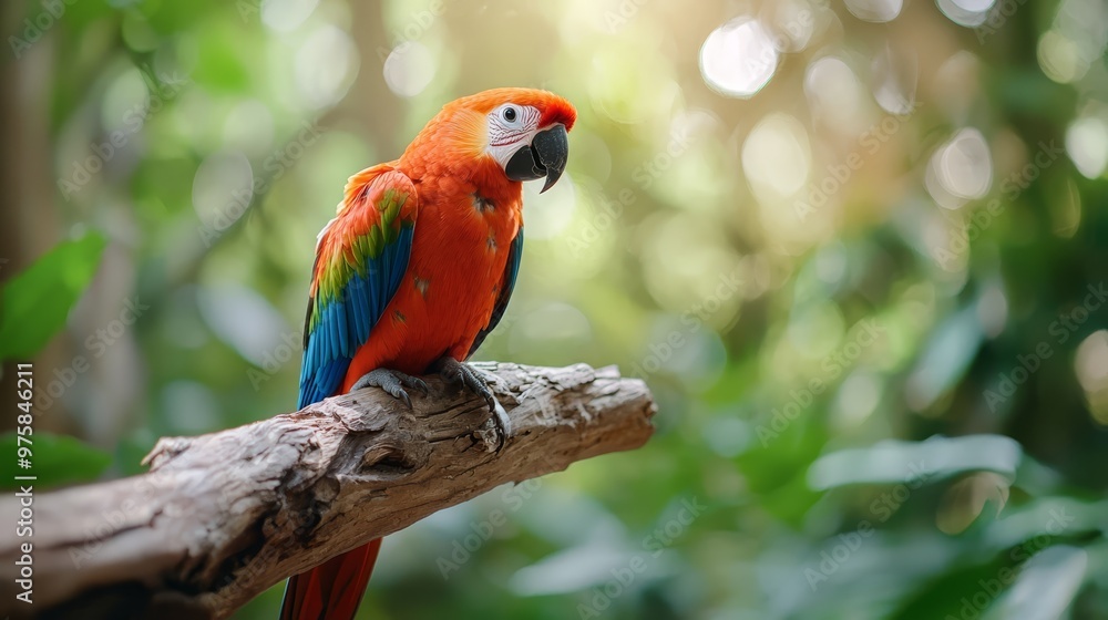 A parrot perches on a tree branch, surrounded by a dense, lush green forest teeming with numerous trees A parrot perches on a tree branch, surrounded by a dense, lush green forest teeming with numerous trees