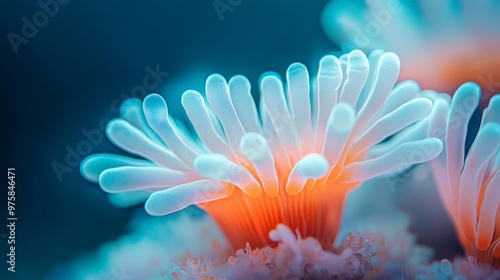  A tight shot of an orange and white sea anemone against a blue and white backdrop