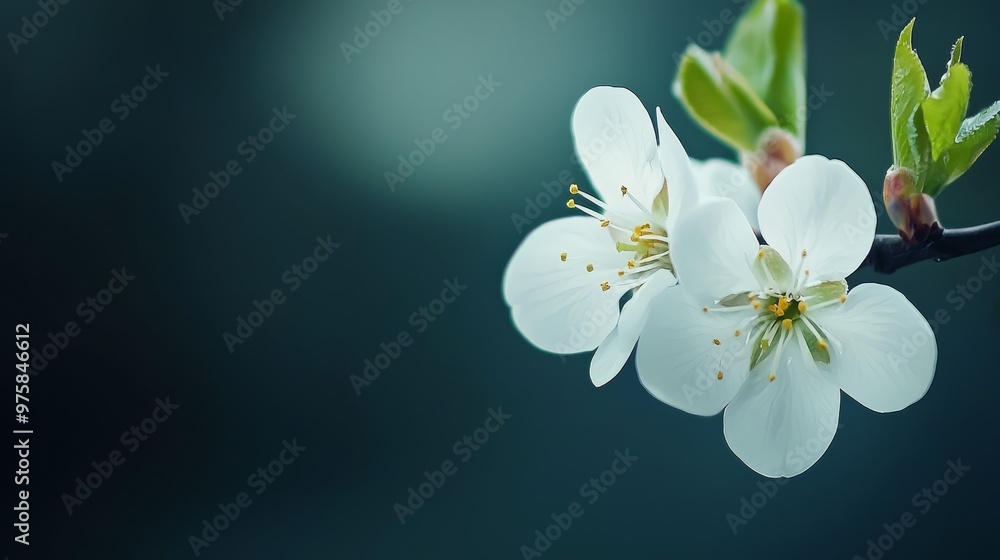 A tight shot of a white blossom atop a tree branch, crowned by a green leaf above A tight shot of a white blossom atop a tree branch, crowned by a green leaf above