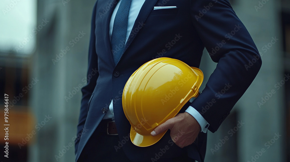 A man in a suit holds a yellow helmet. He poses for a photo. Concept of confidence and professionalism. A man in a suit holds a yellow helmet. He poses for a photo. Concept of confidence and professionalism.
