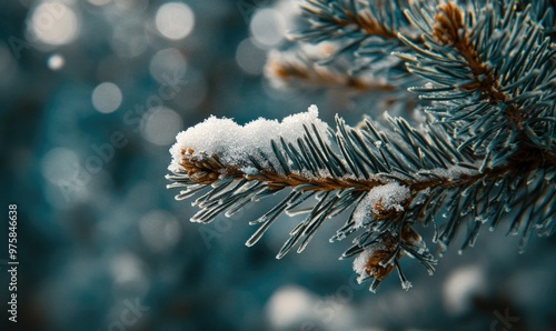 Pine tree close-up, snow clinging, sharp needles