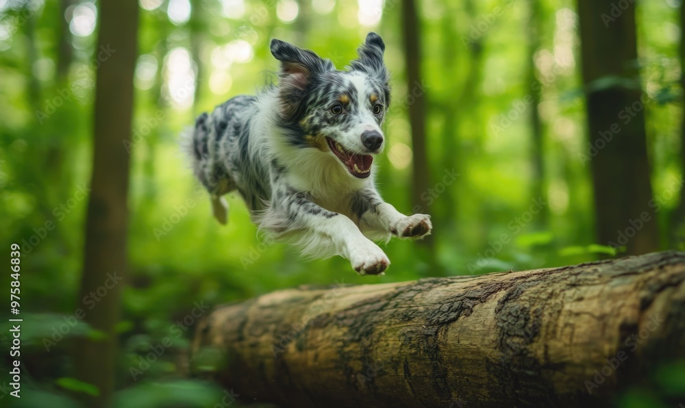 Scottish Sheepdog jumping over a fallen log in a forest Scottish Sheepdog jumping over a fallen log in a forest