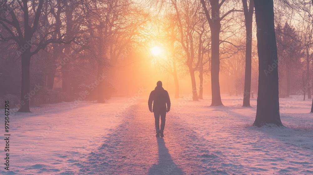 A man walks through a snowy forest at dusk A man walks through a snowy forest at dusk
