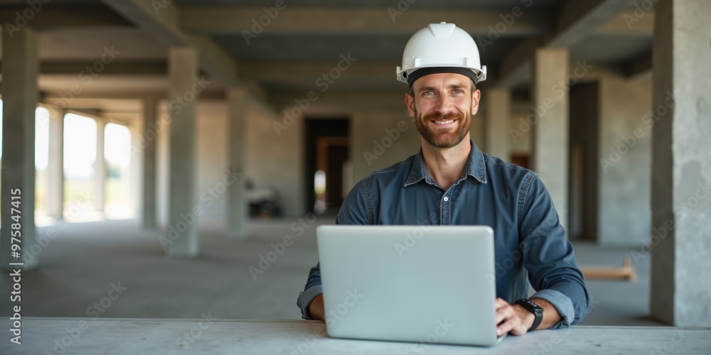 A smiling construction manager in a hard hat works on a laptop at a building site, showcasing professionalism and modern technology in the construction industry. A smiling construction manager in a hard hat works on a laptop at a building site, showcasing professionalism and modern technology in the construction industry.