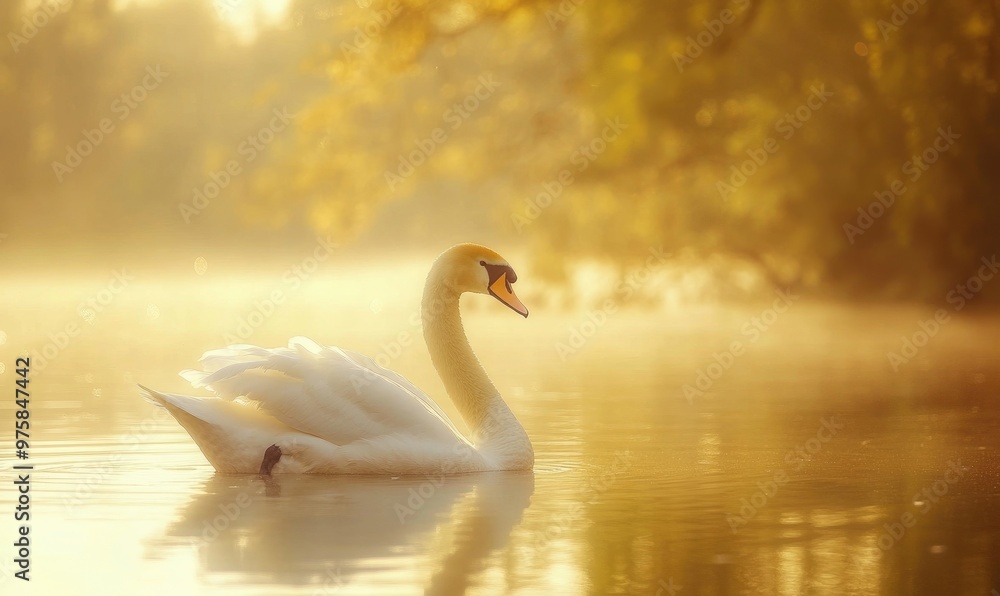 Serene white swan drifting on still water, gentle reflections shimmering in the evening light Serene white swan drifting on still water, gentle reflections shimmering in the evening light