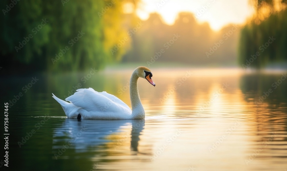 Fototapeta premium Serene white swan drifting on still water, gentle reflections shimmering in the evening light