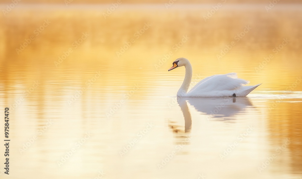 Obraz premium Serene white swan floating on calm water, soft morning light casting golden reflections