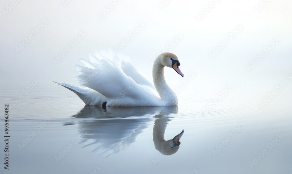 Serene white swan floating on calm water, soft morning light casting golden reflections Serene white swan floating on calm water, soft morning light casting golden reflections