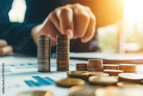 Stacked coins on financial documents in sunlight
