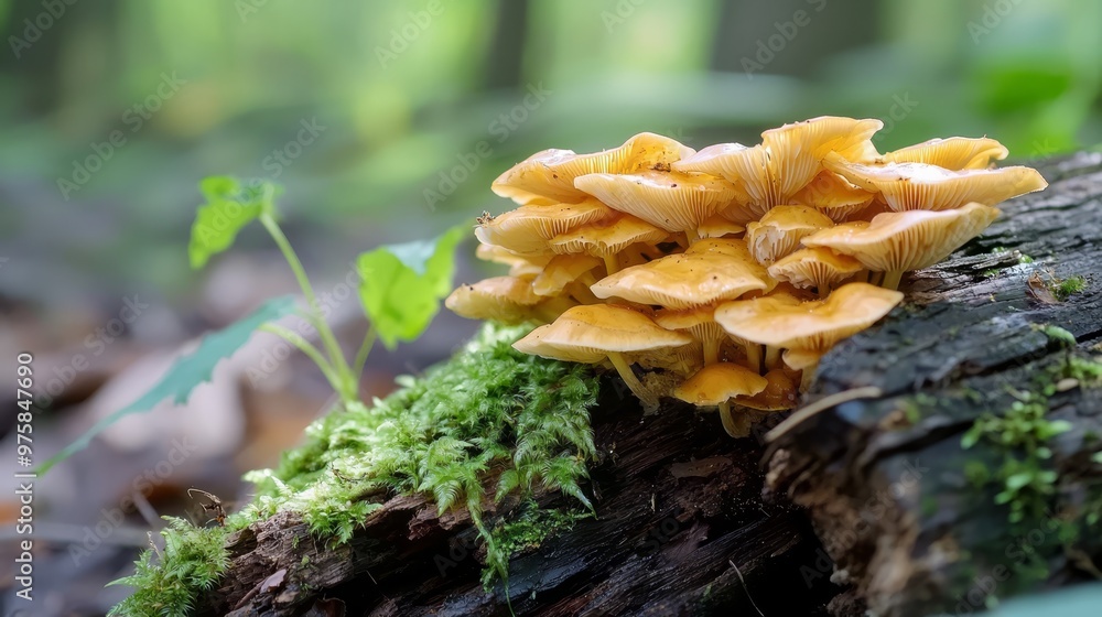 A tight shot of several mushrooms on a forested tree stump, moss-covered, amidst the woodland A tight shot of several mushrooms on a forested tree stump, moss-covered, amidst the woodland