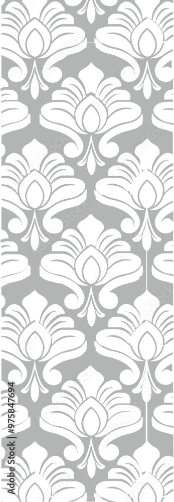 This image features a repeating floral pattern in white on a gray background, ideal for textiles or wallpaper design. This image features a repeating floral pattern in white on a gray background, ideal for textiles or wallpaper design.