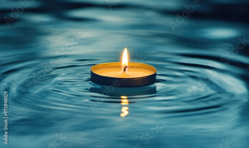 Single candle drifting softly on a calm lake, warm glow reflecting off the water