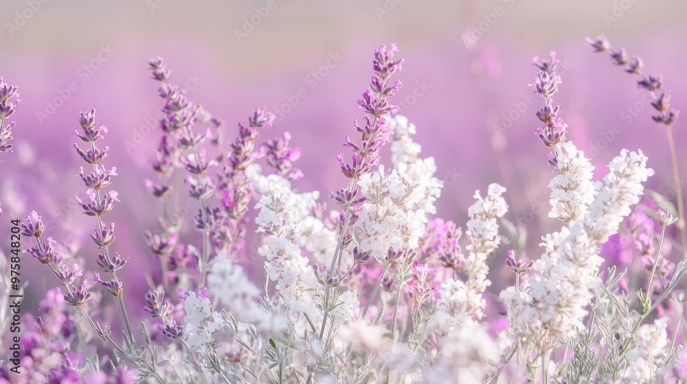 A tight shot of numerous blooms amongst a field of violet and white flowers, with an indistinct backdrop A tight shot of numerous blooms amongst a field of violet and white flowers, with an indistinct backdrop