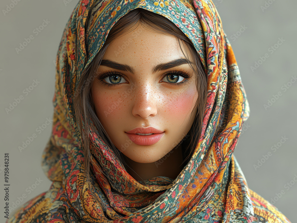 Captivating 3D Model of a Middle Eastern Woman in Colorful Headscarf Embodying Cultural Richness Captivating 3D Model of a Middle Eastern Woman in Colorful Headscarf Embodying Cultural Richness
