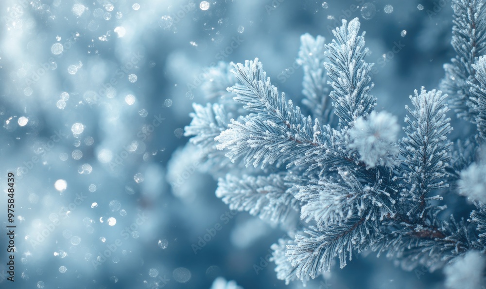 Snow resting on coniferous branches, frosty and cold Snow resting on coniferous branches, frosty and cold