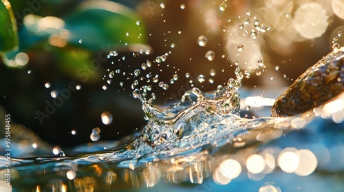  A tight shot of water splashing on a body of water's surface, featuring a green plant in the backdrop