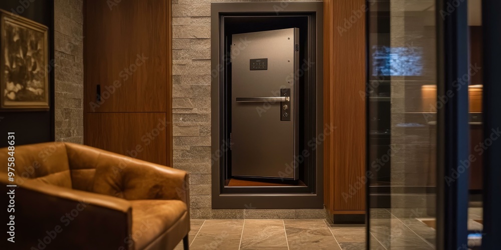 Leather chair, stone wall, metal door, wooden panel. Leather chair, stone wall, metal door, wooden panel.