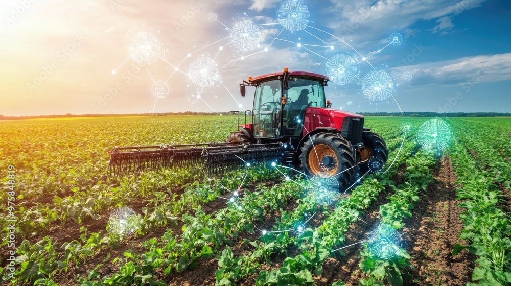 A tractor is driving through a field of green plants A tractor is driving through a field of green plants