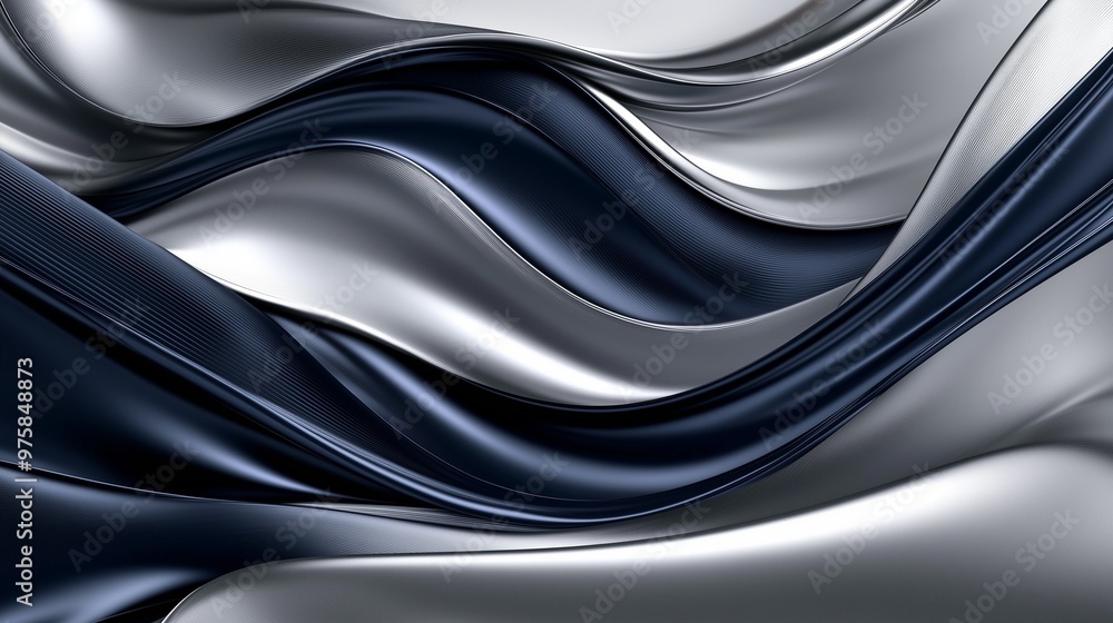 Obraz premium A sleek abstract design where silky waves in charcoal grey and navy blue flow through a metallic silver background, creating a modern and sophisticated look.