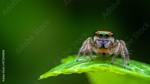  A tight shot of a jumping spider atop a verdant leaf, its eyes defined by a stark black-and-red stripe