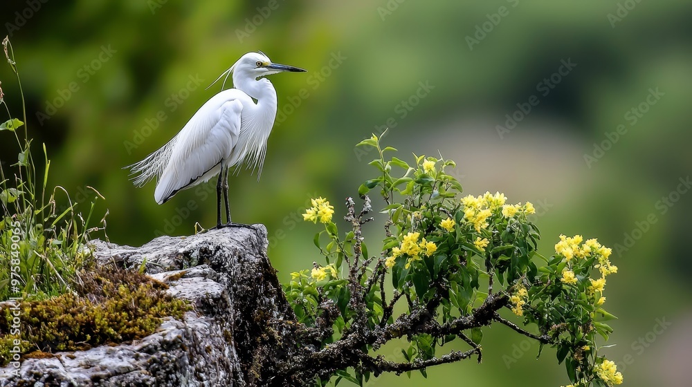 A white bird perches atop a tree branch, surrounded by a yellow and green plant Its flowers bloom yellow in the background A white bird perches atop a tree branch, surrounded by a yellow and green plant Its flowers bloom yellow in the background