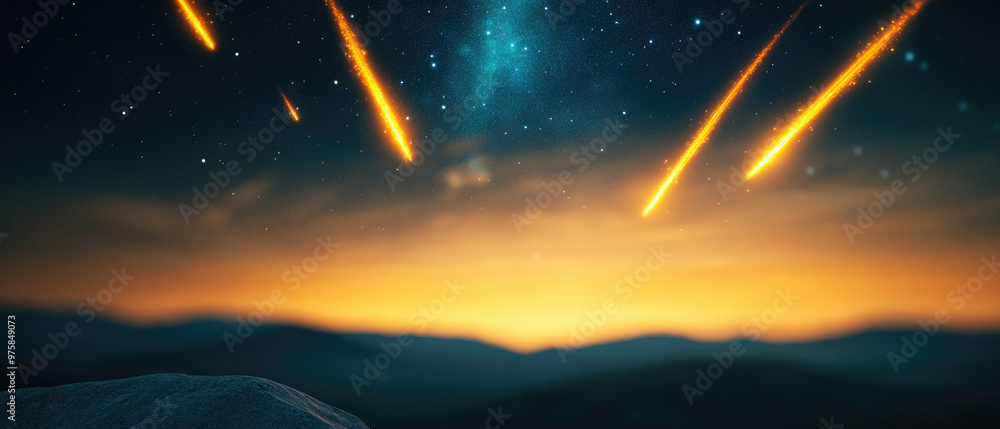 Cosmic Cascade, a breathtaking display of meteor showers blazing through a twilight sky above distant mountains, illuminating the dark canvas of the universe. Cosmic Cascade, a breathtaking display of meteor showers blazing through a twilight sky above distant mountains, illuminating the dark canvas of the universe.
