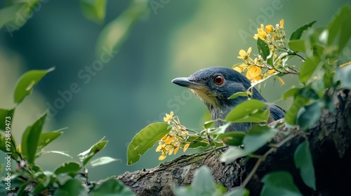  A blue bird perches atop a tree branch, adjacent to another bearing yellow blooms