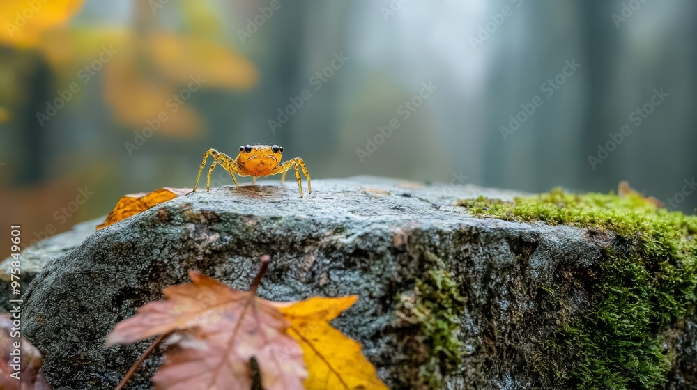 A small orange spider atop a moss-covered rock before a forest of yellow and green leaves A small orange spider atop a moss-covered rock before a forest of yellow and green leaves