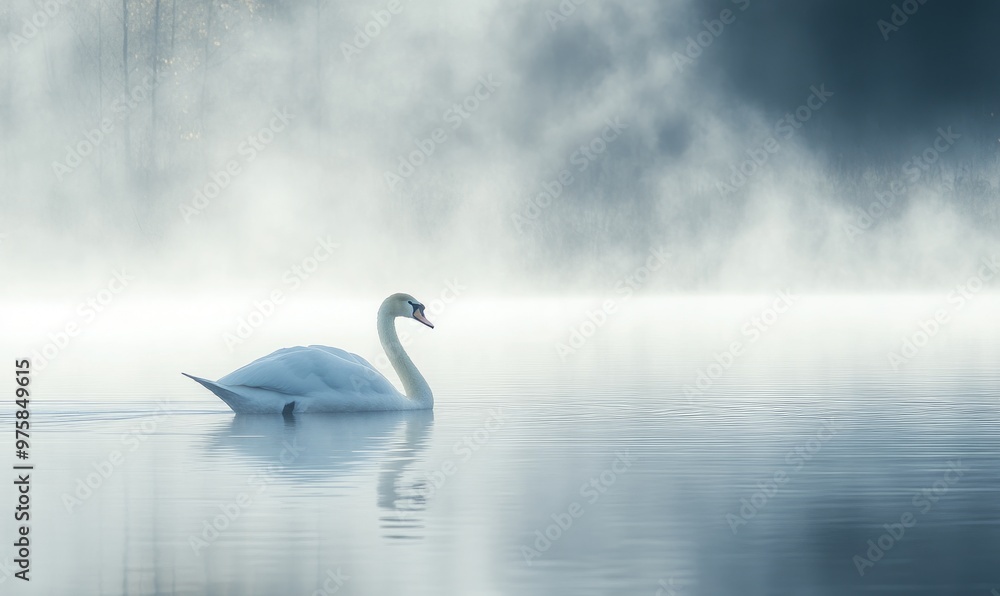 White swan gliding across a reflective pond White swan gliding across a reflective pond