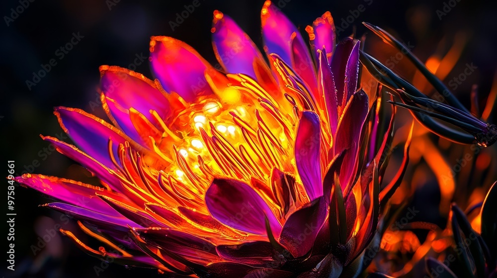 A close-up of a purple flower with a yellow light in its heart A close-up of a purple flower with a yellow light in its heart