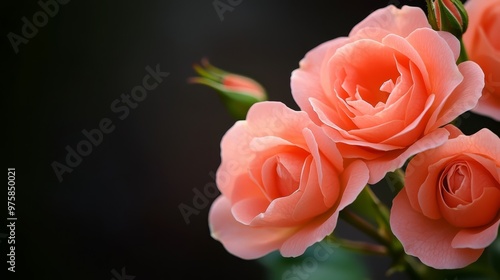  Close-up of pink roses on stem with water droplets and black backdrop or Pink roses' stem close-up against black background, wet with water dro photo