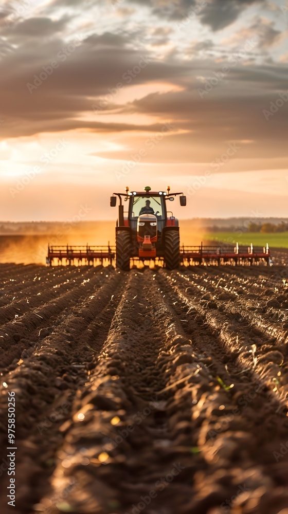 Fototapeta premium Autonomous Tractor Plowing Fields at Sunset with Precision Agricultural Technology